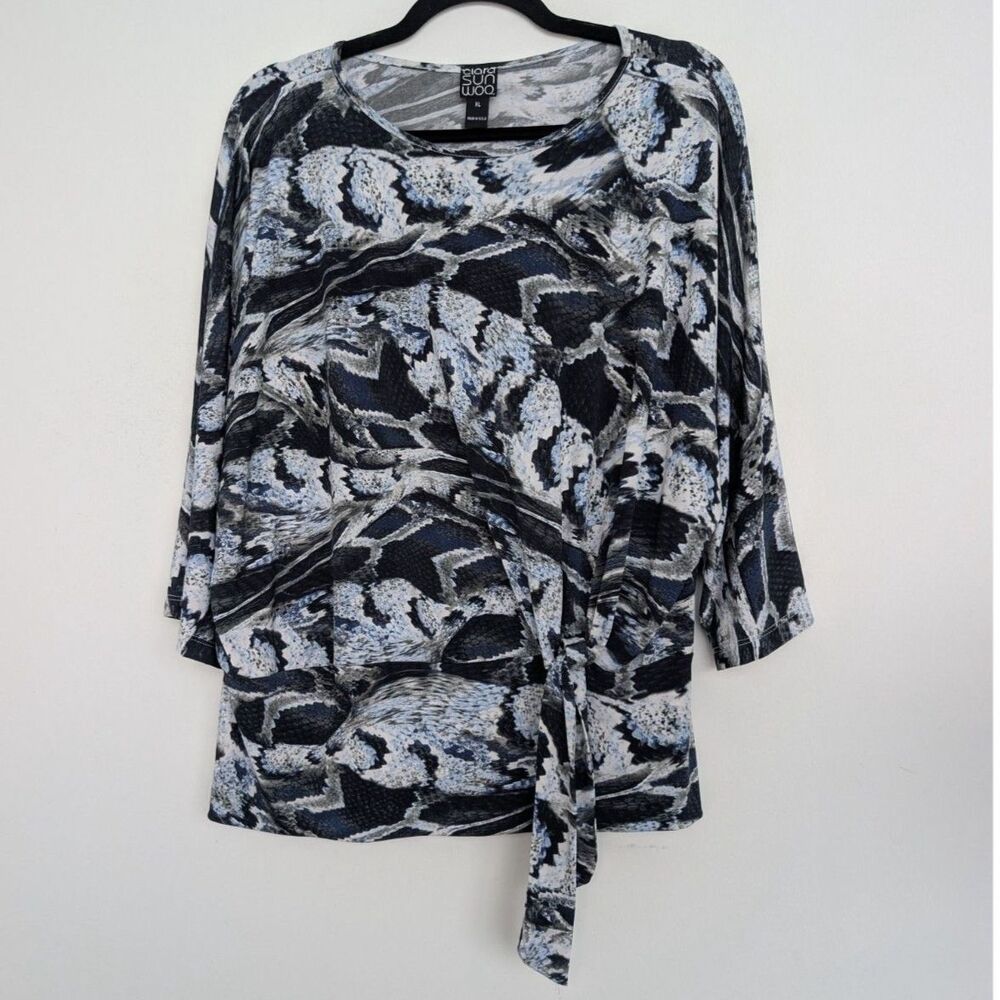 Clara Sun Woo Tie Detail Abstract Snakeskin Pattern Blouse Sz XL Made in USA